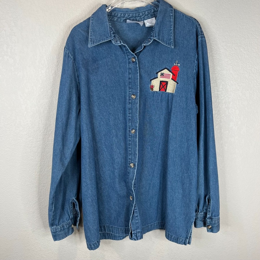 Farm Barn Button Down Shirt L Blue Denim‎ Long Sleeve Embroidered Cottagecore